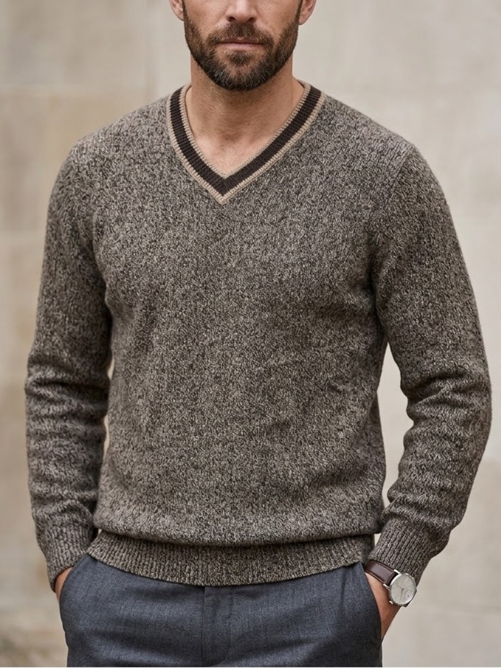 Bullock & Jones Mens Brown Tan Marl Textured V-Neck Sweater‎ Size M Striped Trim